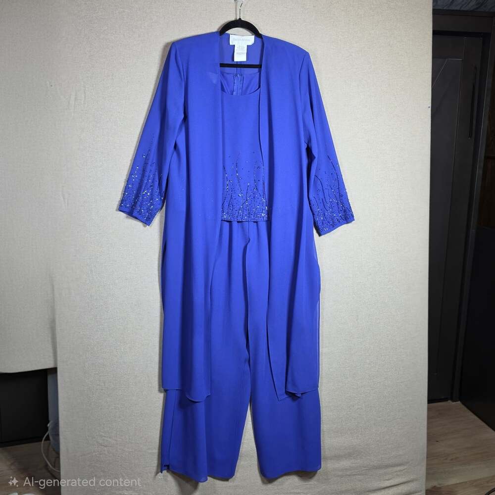 Davids Bridal Vintage 3 Piece Blue Beaded Duster & Shell W/ Carwash Pants Sz 14P